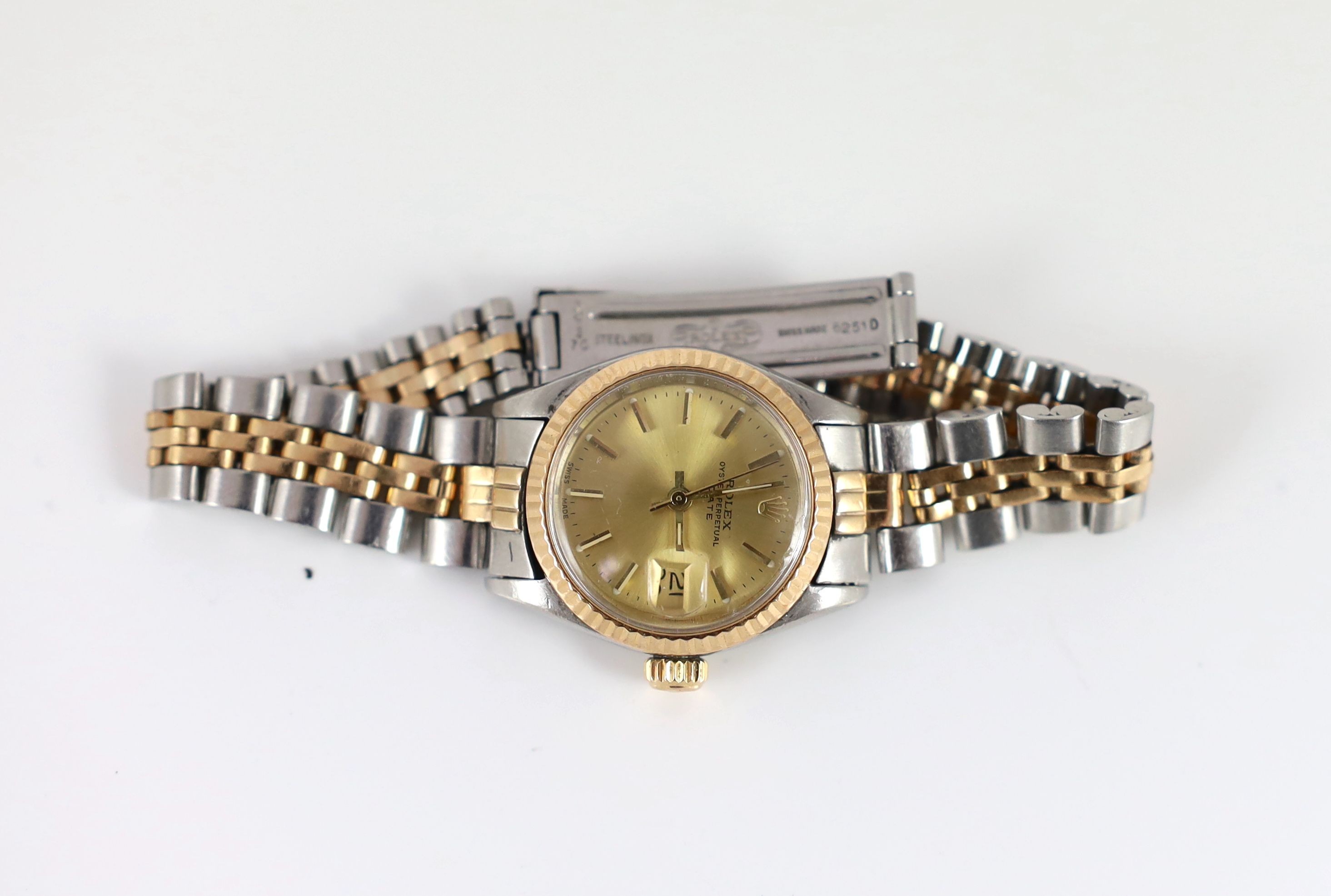 A lady's 1970's steel and gold Rolex Oyster Perpetual Date wrist watch, on a Rolex steel and gold bracelet